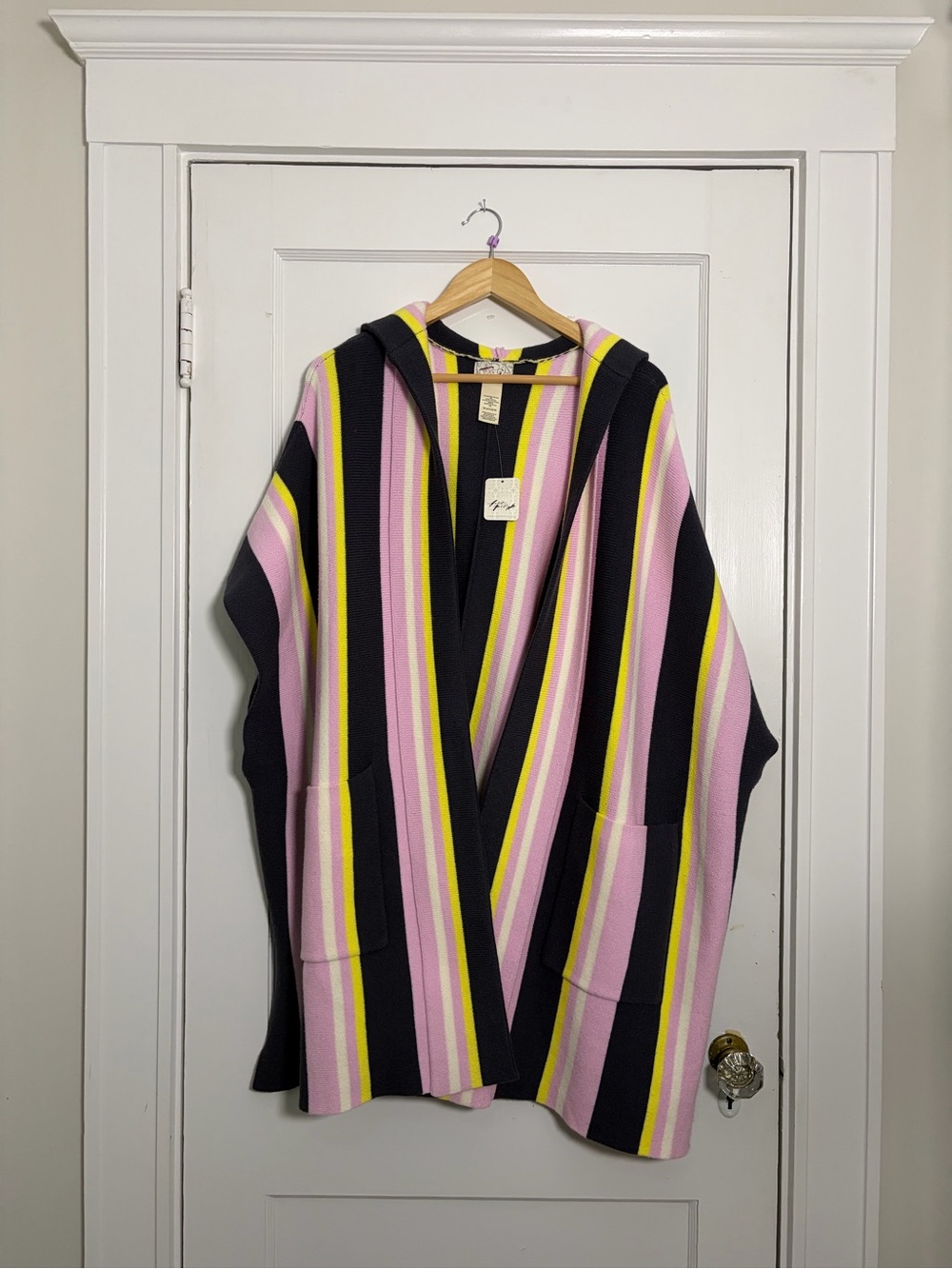 Free People Striped Hooded Poncho in Pink, Black & Yellow